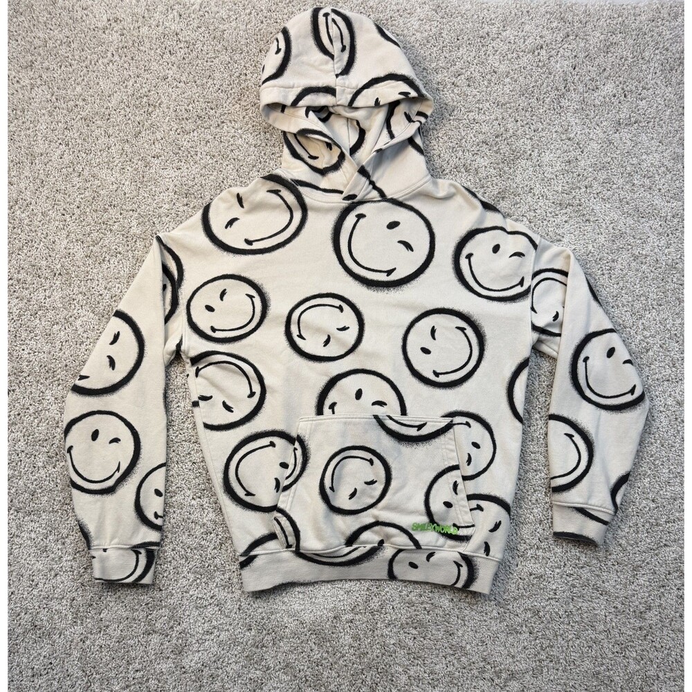 H&M x SmileyWorld Kids Hoodie Size 16/18 Cream Black Smiley Face Sweatshirt